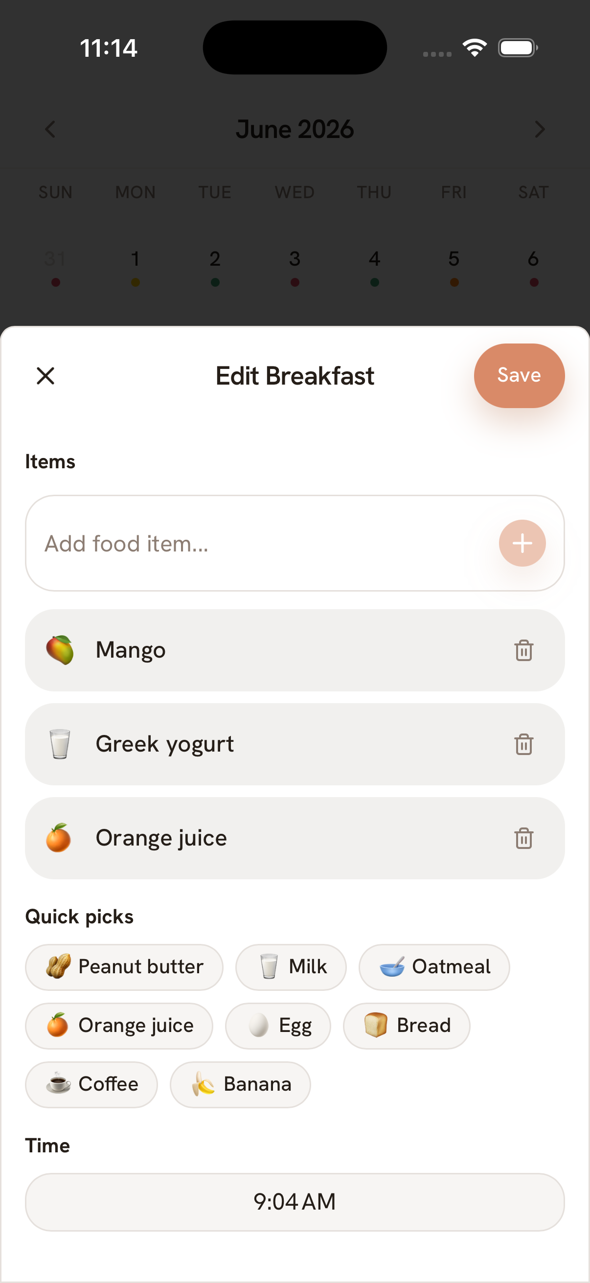 Darmi meal logging screen with quick-pick shortcuts