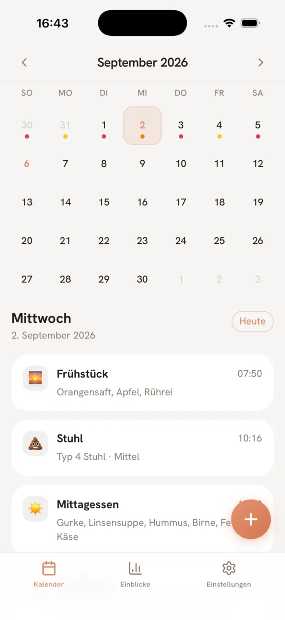 Darmi Kalender mit farblich markierten Verdauungstagen