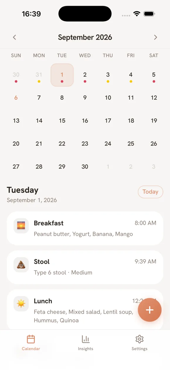 Darmi calendar home screen with colour-coded gut days