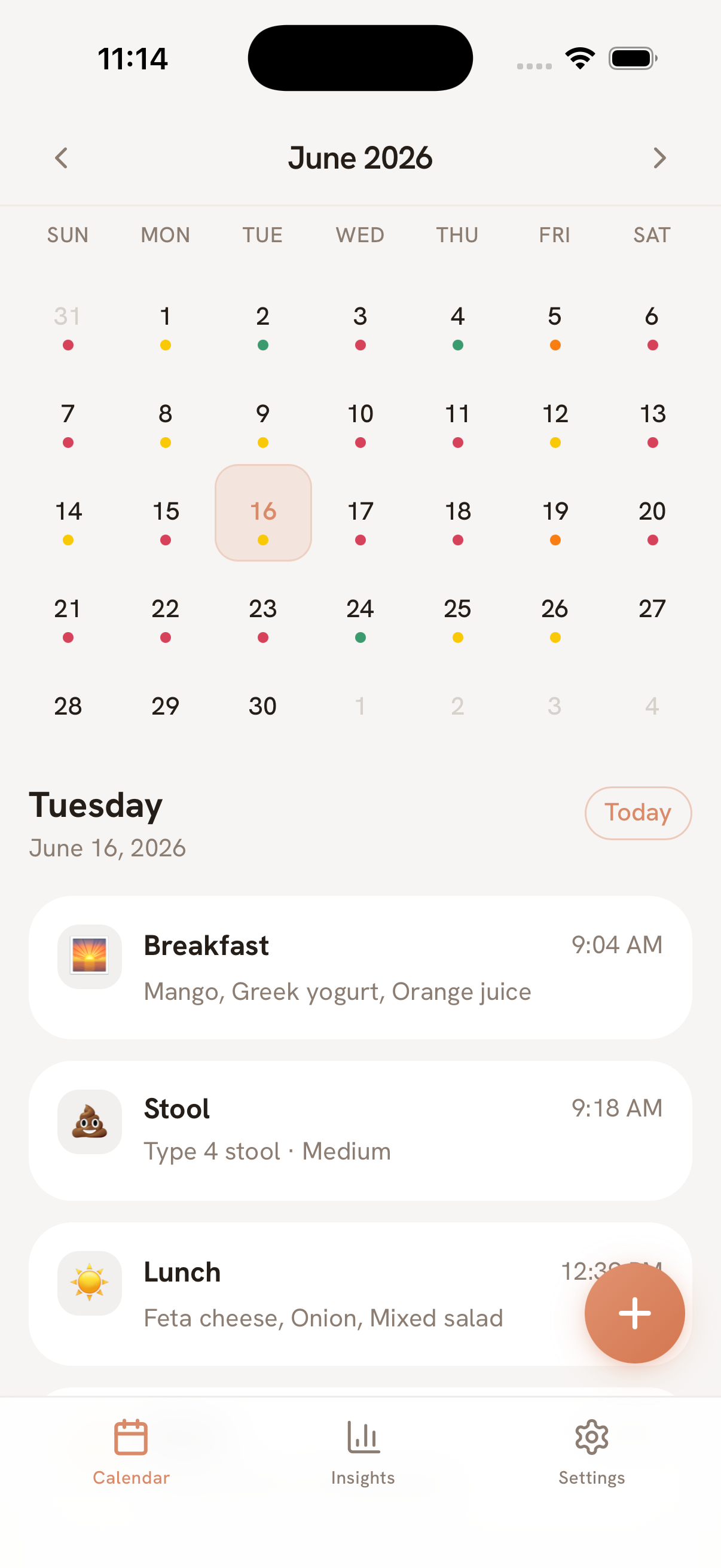 Darmi calendar home screen with colour-coded gut days