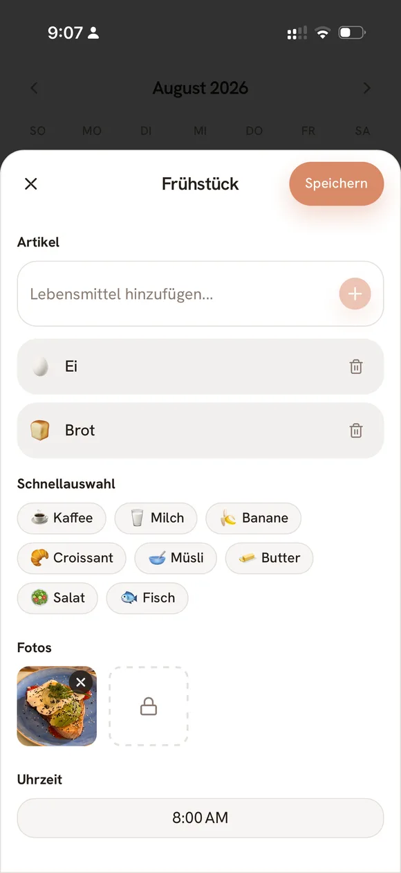 Darmi Bildschirm zur Mahlzeitenerfassung mit Schnellauswahl