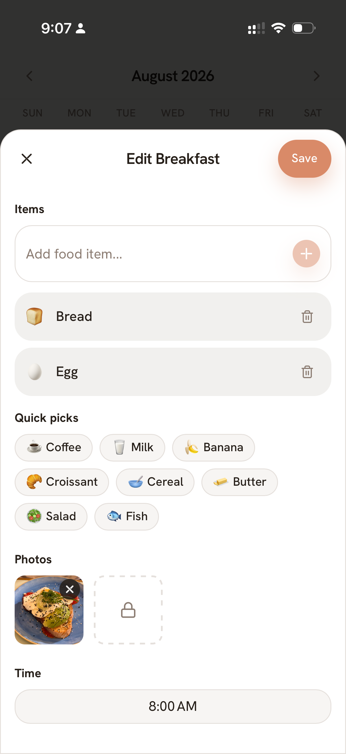 Darmi meal logging screen with quick-pick shortcuts