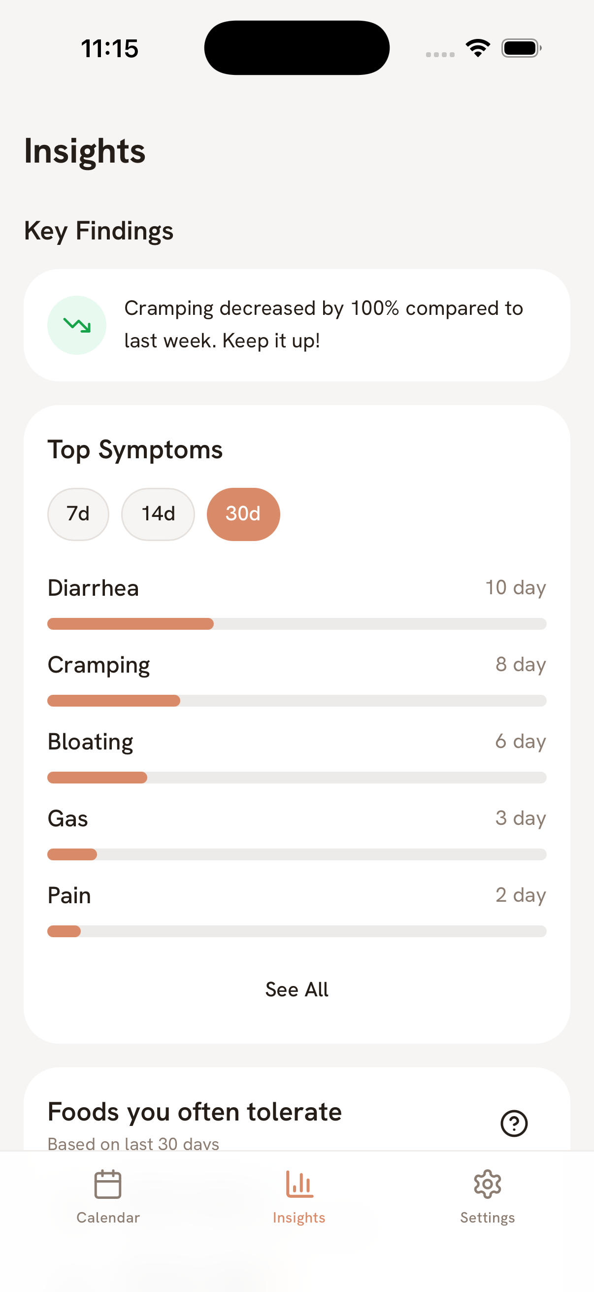 Darmi insights screen showing top trigger foods